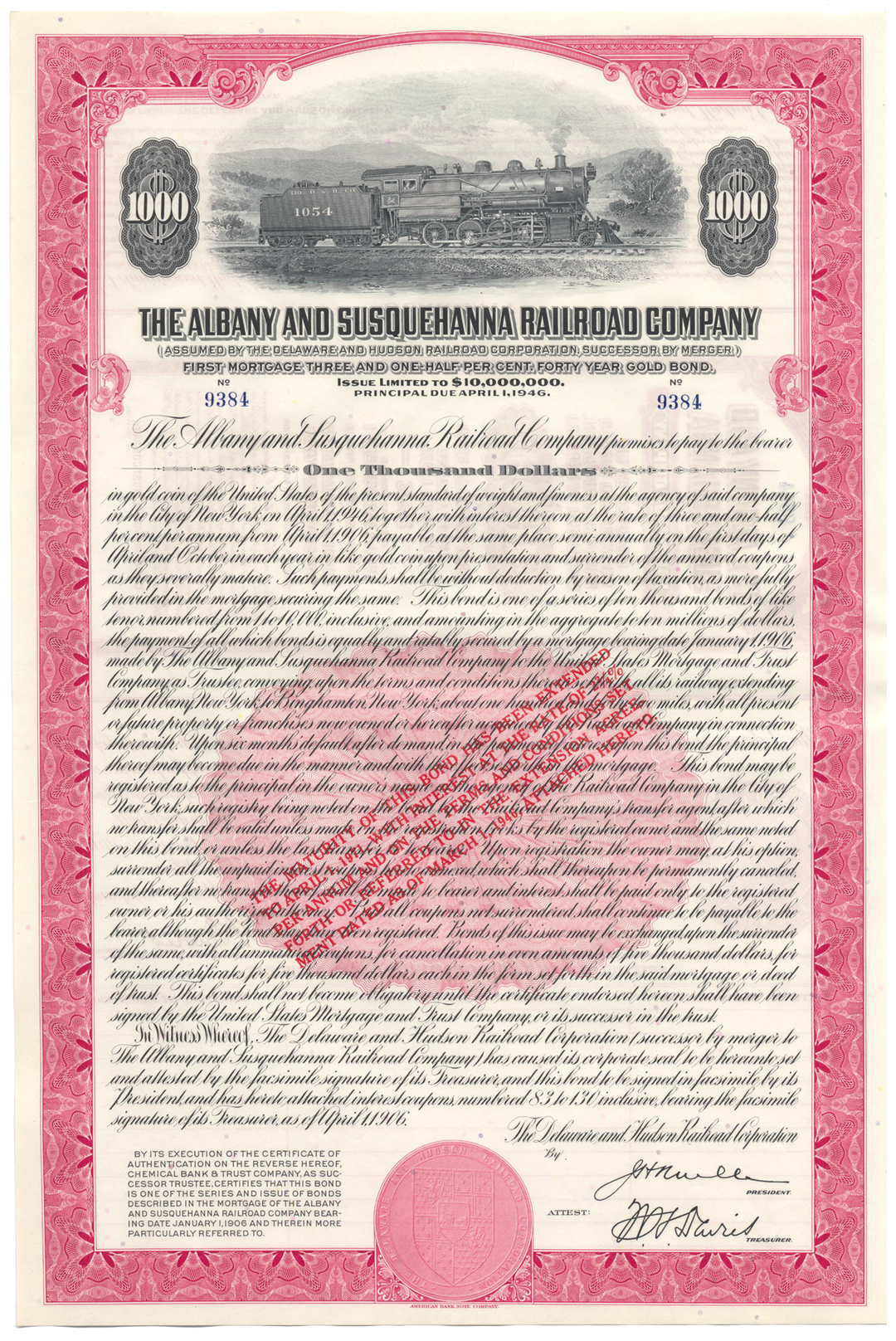 Albany and Susquehanna Railroad Company Bond Certificate