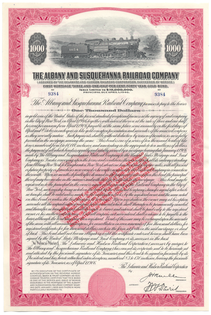 Albany and Susquehanna Railroad Company Bond Certificate