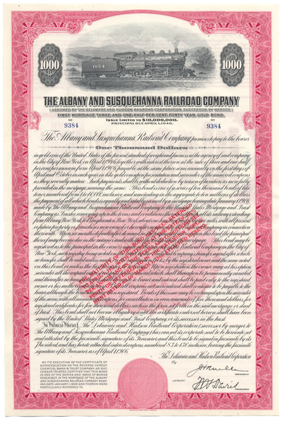 Albany and Susquehanna Railroad Company Bond Certificate