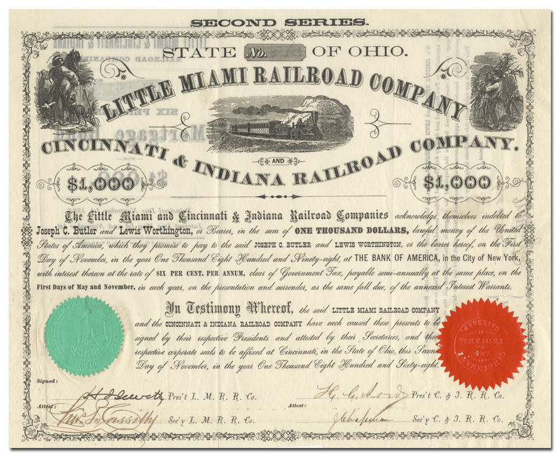 Little Miami & Cincinnati & Indiana Railroad Company Bond Certificate
