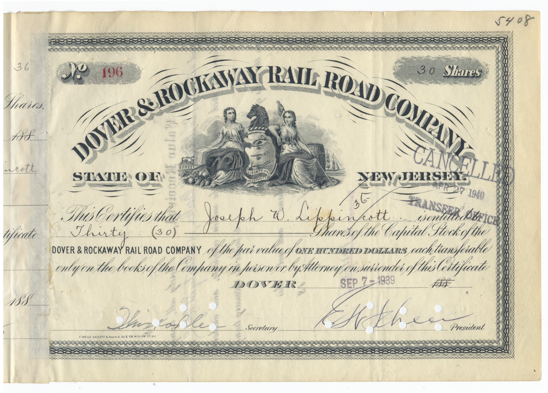 Dover & Rockaway Rail Road Company Stock Certificate