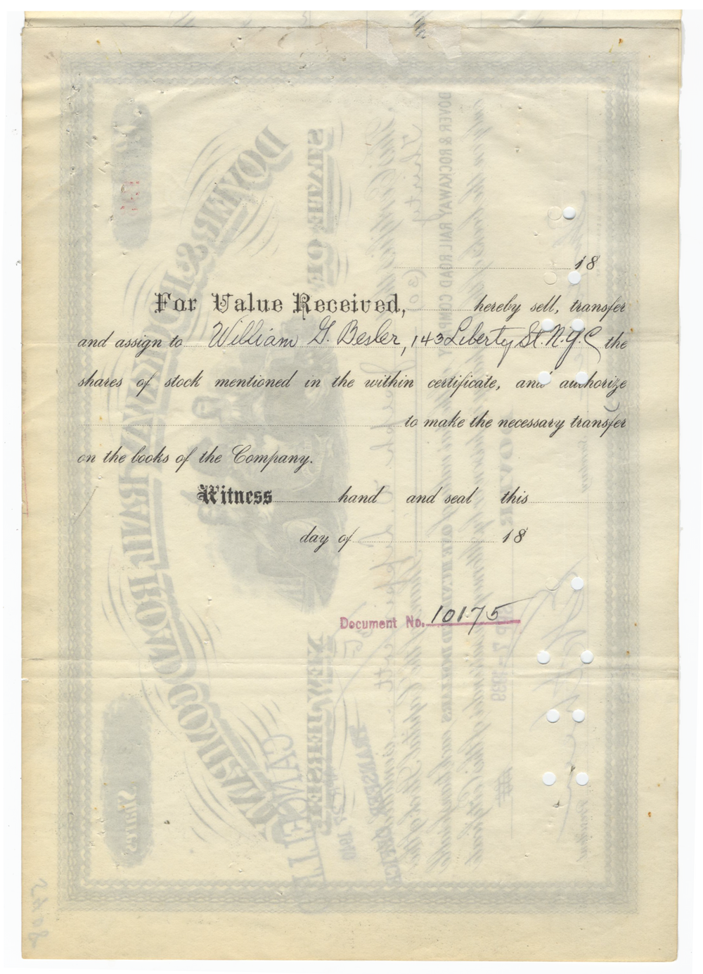 Dover & Rockaway Rail Road Company Stock Certificate