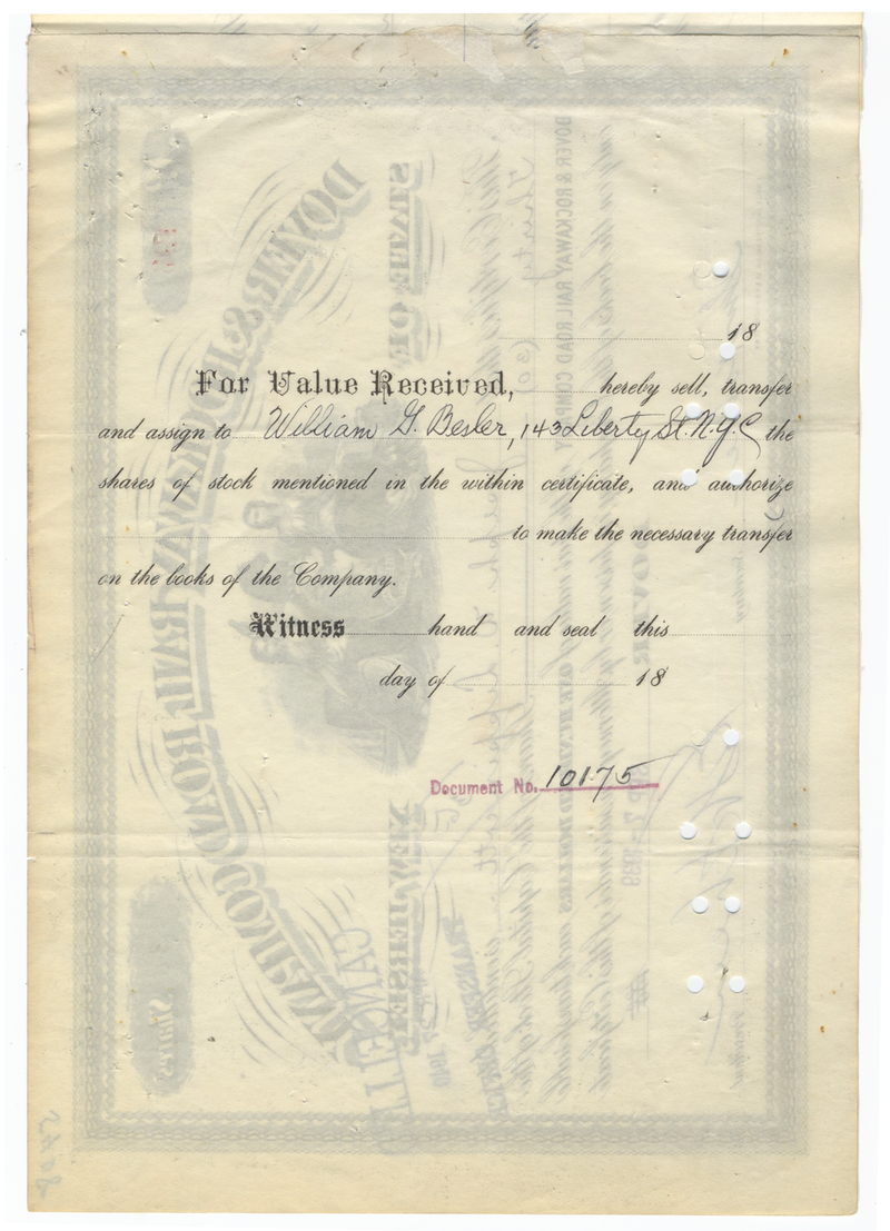 Dover & Rockaway Rail Road Company Stock Certificate