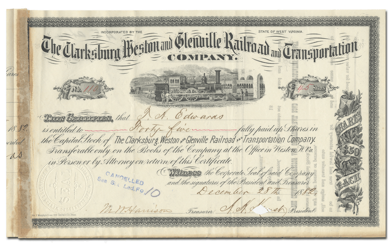 Clarksburg, Weston and Glenville Railroad and Transportation Company Stock Certificate
