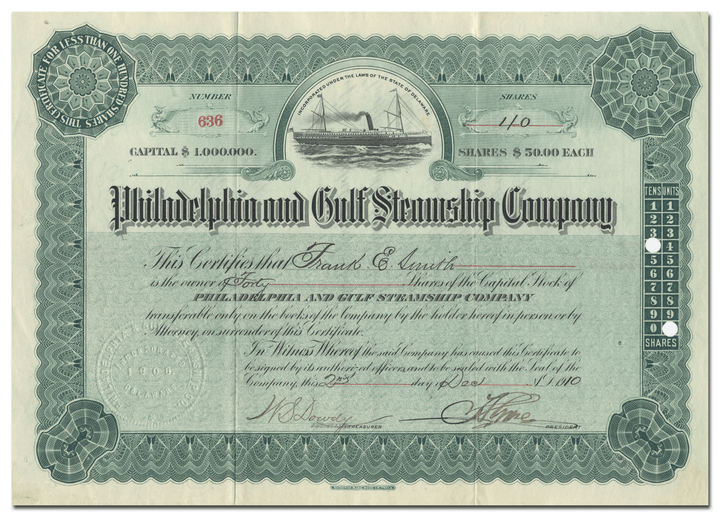 Philadelphia and Gulf Steamship Company Stock Certificate