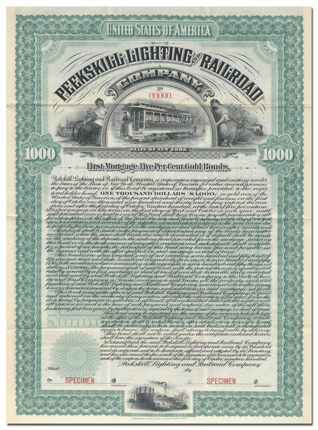 Peekskill Lighting and Railroad Company Bond Certificate