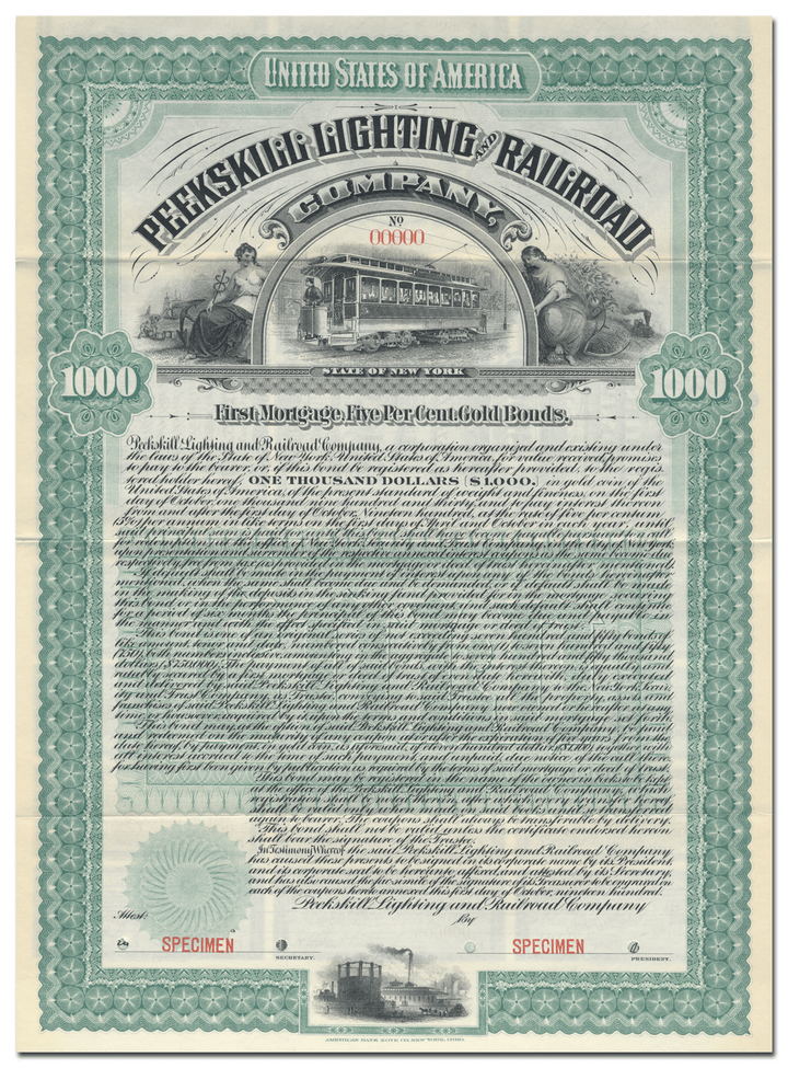 Peekskill Lighting and Railroad Company Bond Certificate