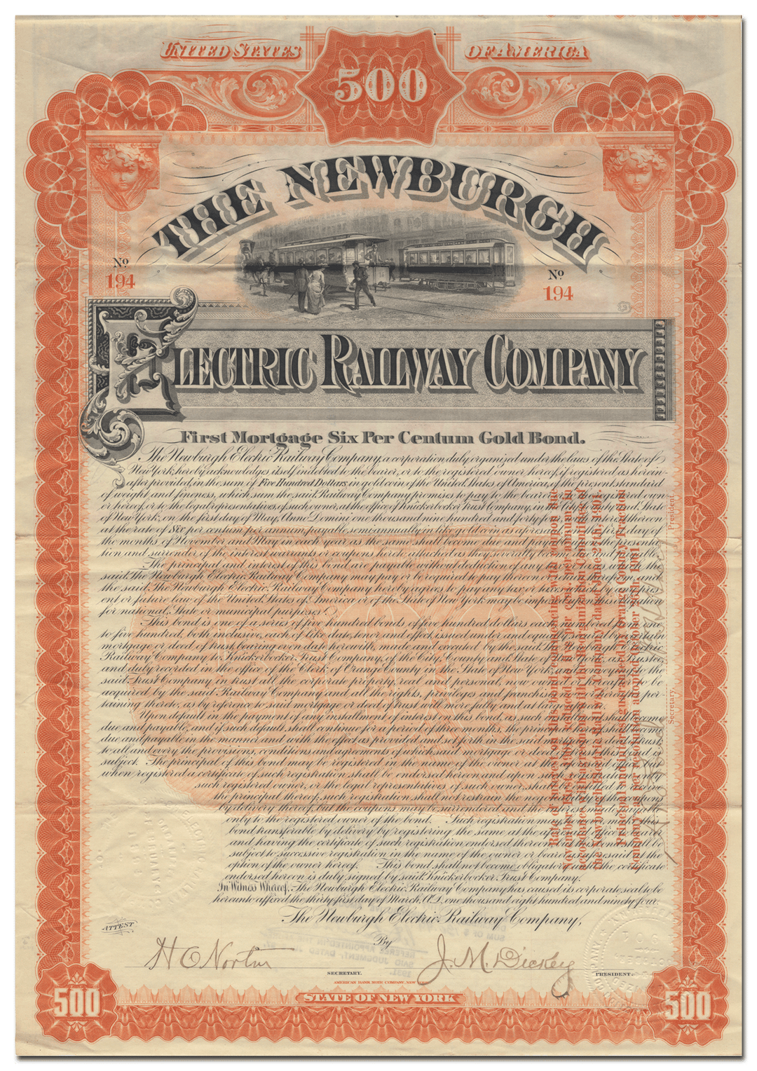 Newburgh Electric Railway Company Bond Certificate