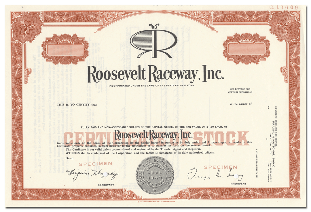 Roosevelt Raceway, Inc. Stock Certificate