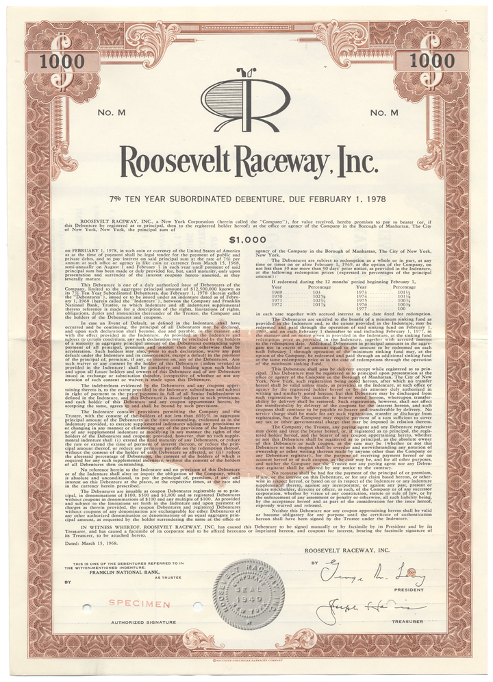 Roosevelt Raceway Bond Certificate