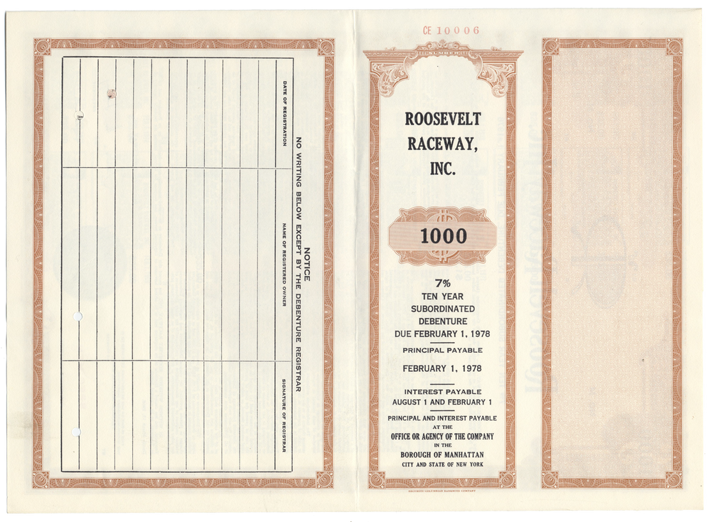 Roosevelt Raceway Bond Certificate