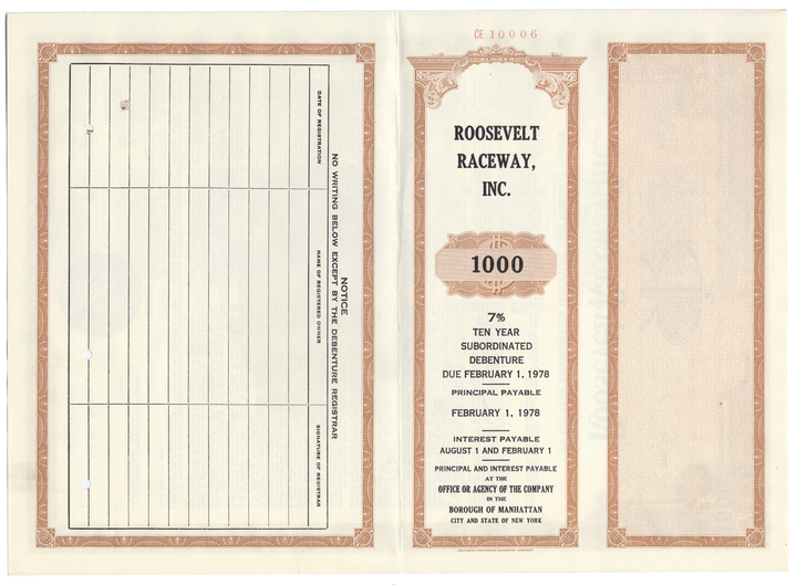 Roosevelt Raceway Bond Certificate