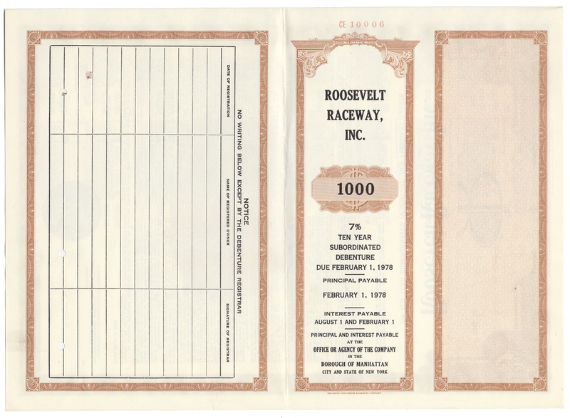 Roosevelt Raceway Bond Certificate