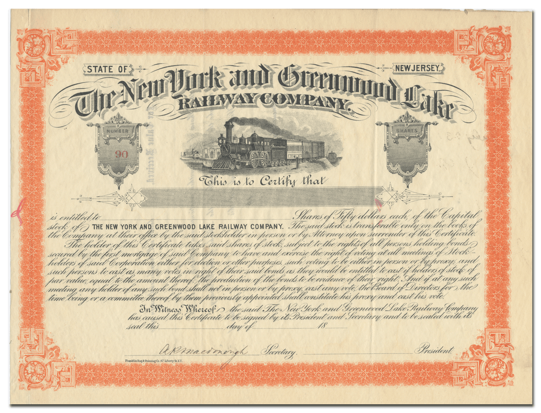 New York and Greenwood Lake Railway Company Stock Certificate