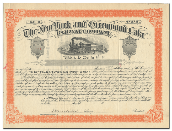 New York and Greenwood Lake Railway Company Stock Certificate