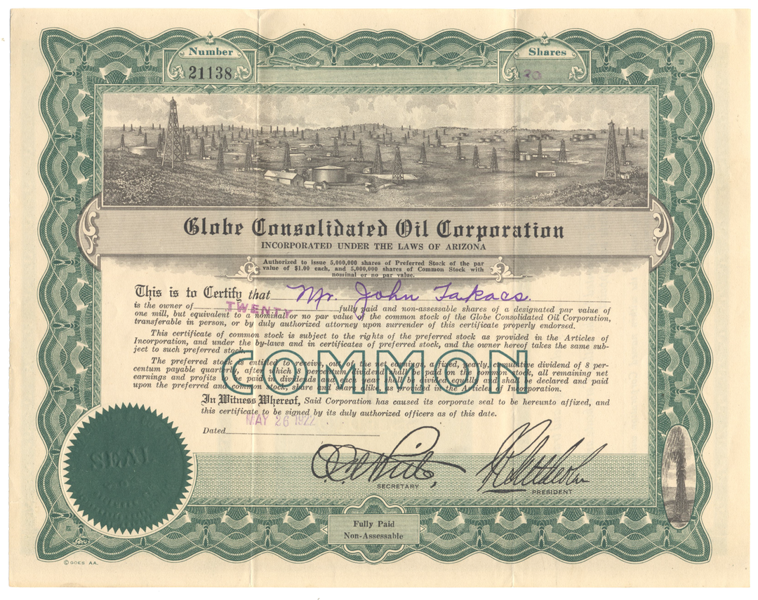 Globe Consolidated Oil Corporation Stock Certificate