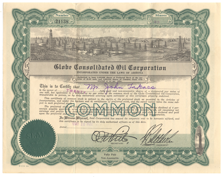 Globe Consolidated Oil Corporation Stock Certificate