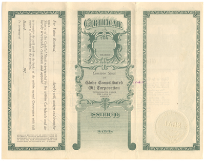 Globe Consolidated Oil Corporation Stock Certificate