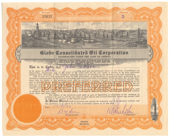 Globe Consolidated Oil Corporation Stock Certificate