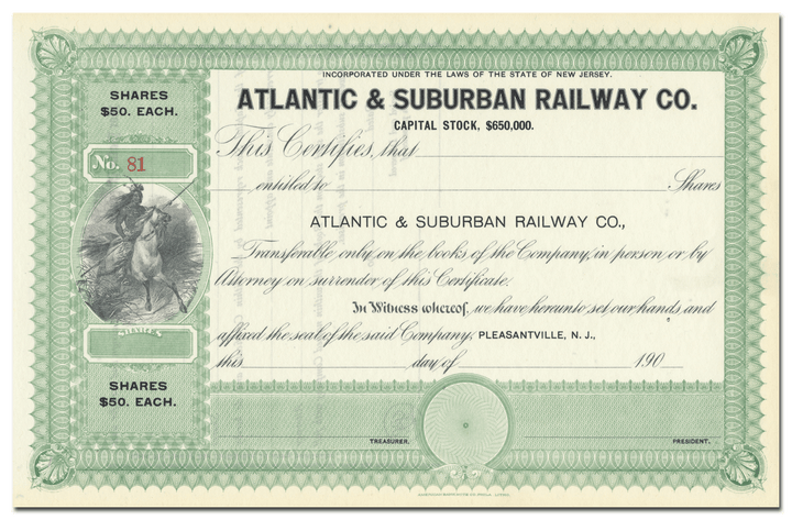 Atlantic & Suburban Railway Co. Stock Certificate