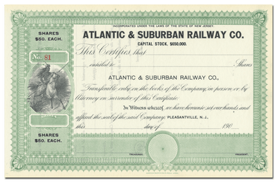 Atlantic & Suburban Railway Co. Stock Certificate