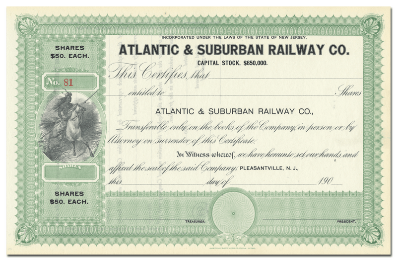 Atlantic & Suburban Railway Co. Stock Certificate