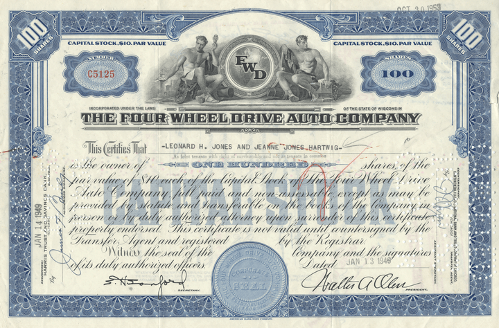 Four Wheel Drive Company Stock Certificate