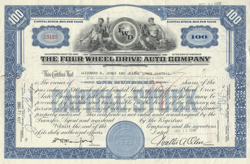 Four Wheel Drive Company Stock Certificate
