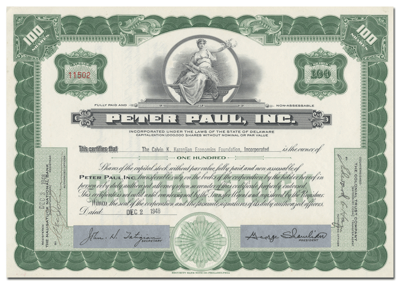 Peter Paul, Inc. Stock Certificate
