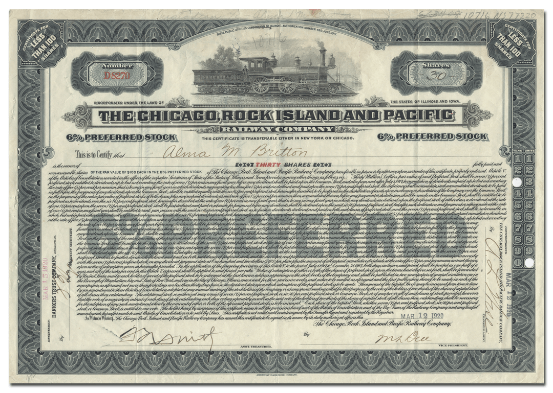 Chicago, Rock Island and Pacific Railway Company Bond Certificate