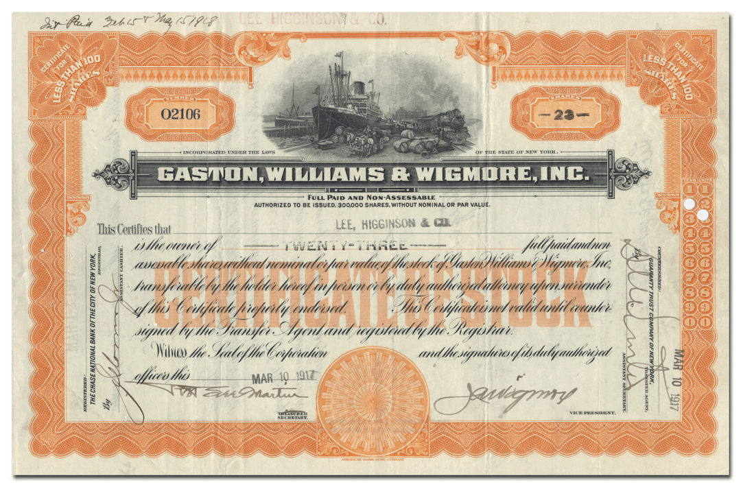 Gaston, Williams & Wigmore, Inc. Stock Certificate