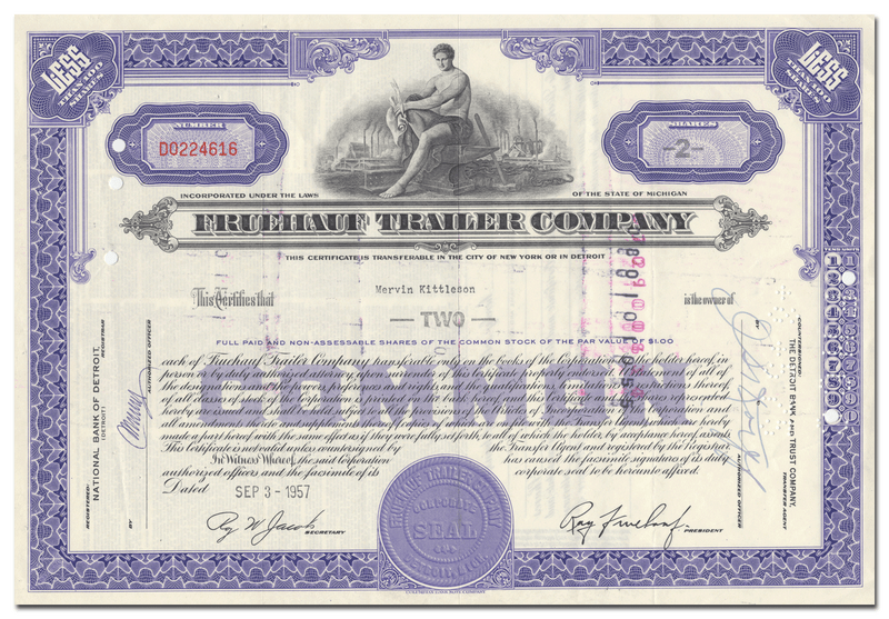 Fruehauf Trailer Company Stock Certificate