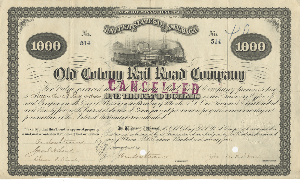 Old Colony Rail Road Company Bond Certificate