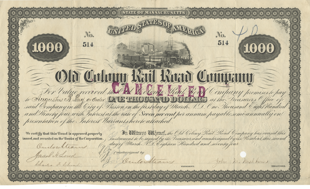 Old Colony Rail Road Company Bond Certificate