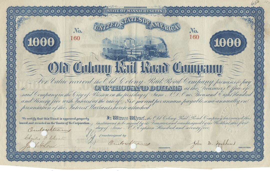 Old Colony Rail Road Company Bond Certificate