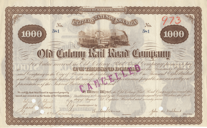 Old Colony Rail Road Company Bond Certificate