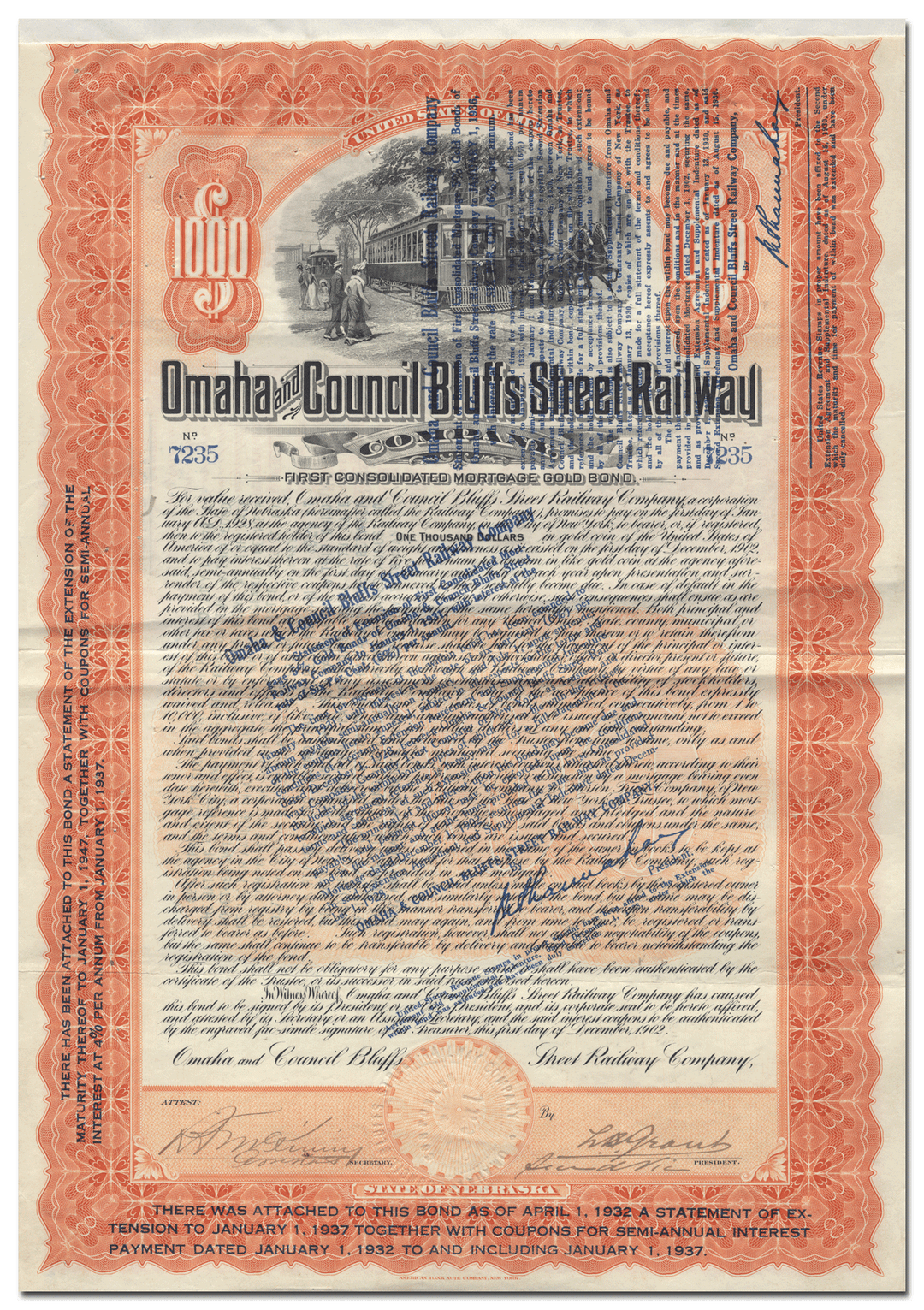 Omaha and Council Bluffs Street Railway Company Bond Certificate