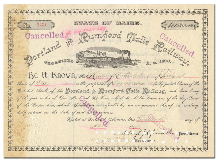 Portland and Rumford Falls Railway Stock Certificate