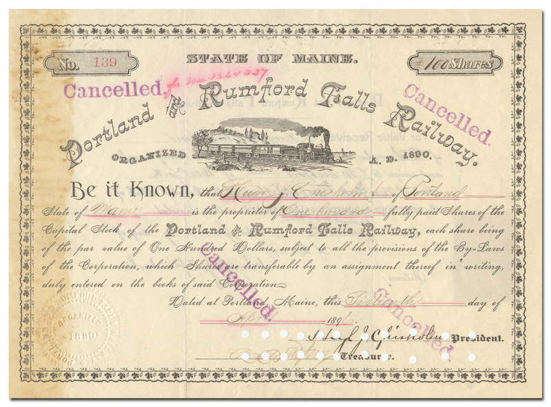 Portland and Rumford Falls Railway Stock Certificate