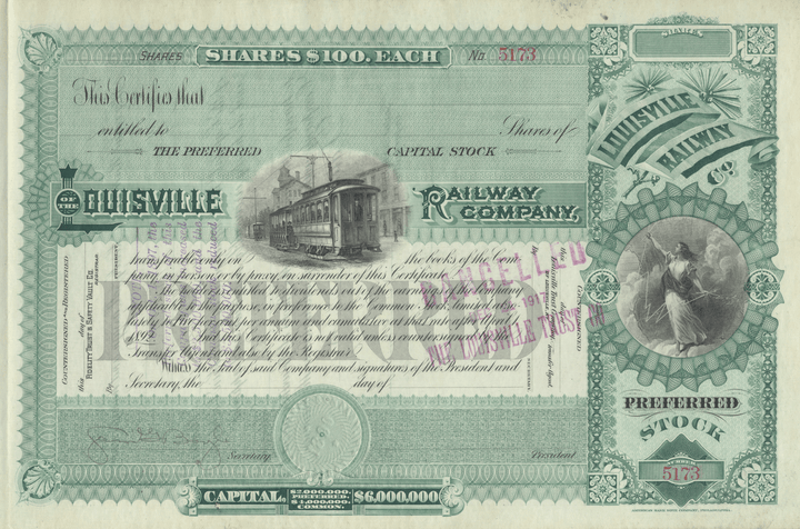 Louisville Railway Company Stock Certificate