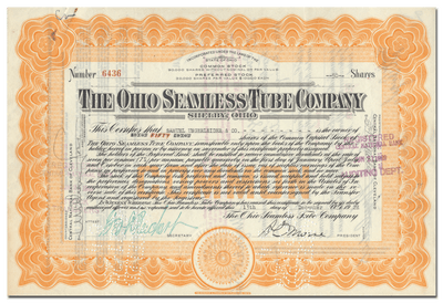 Ohio Seamless Tube Company Stock Certificate