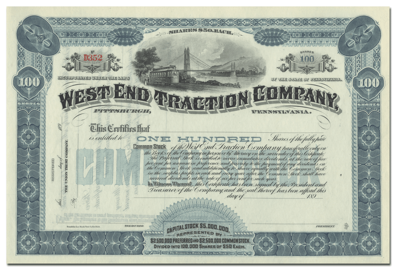 West End Traction Company Stock Certificate