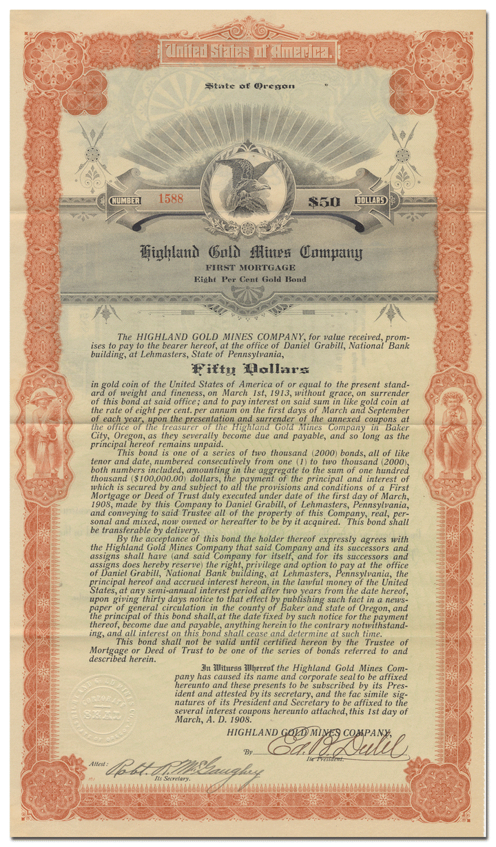 Highland Gold Mines Company Bond Certificate