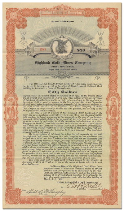 Highland Gold Mines Company Bond Certificate