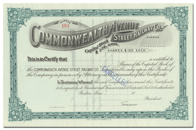 Commonwealth Avenue Street Railway Co. Stock Certificate