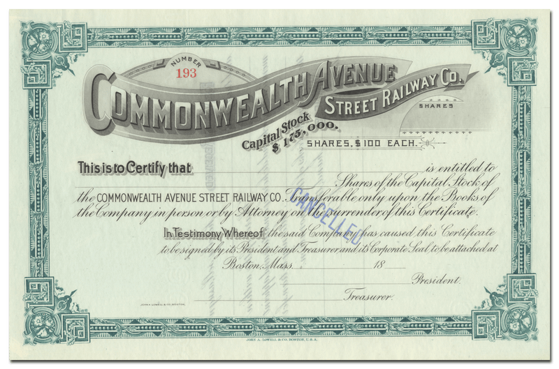 Commonwealth Avenue Street Railway Co. Stock Certificate