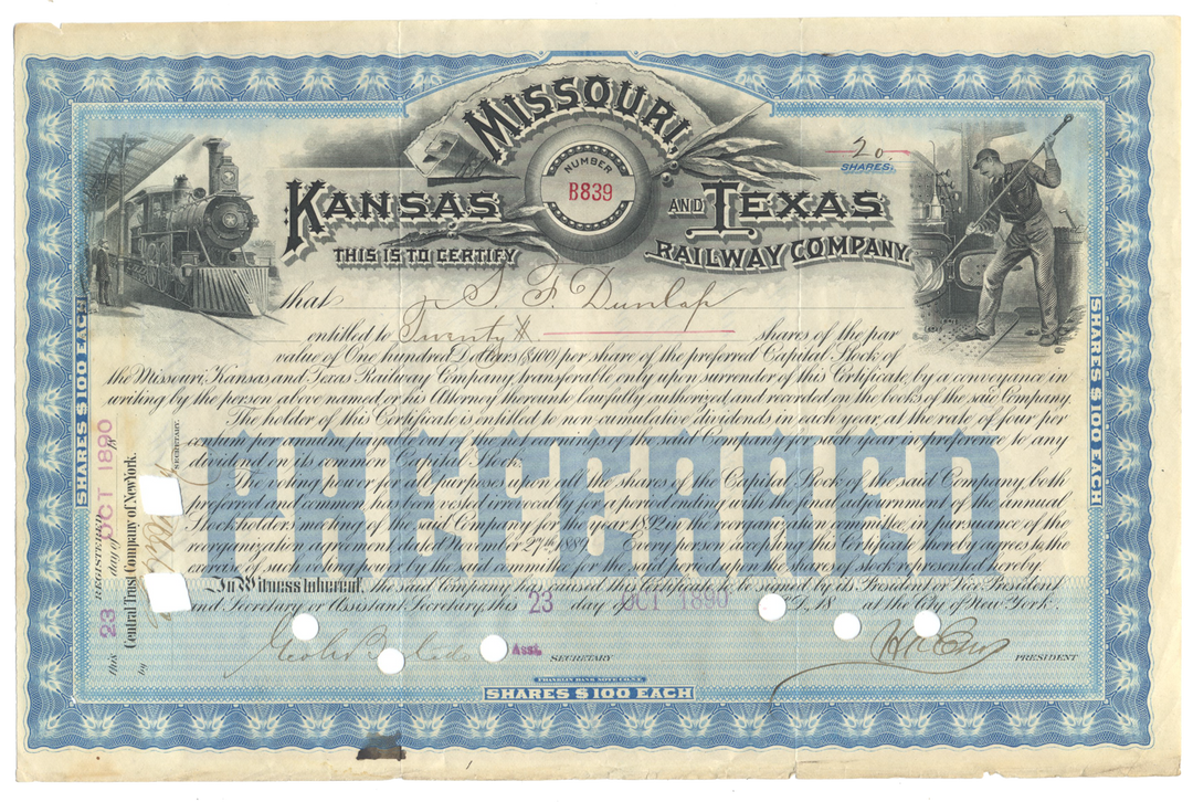 Missouri, Kansas and Texas Railway Company Stock Certificate