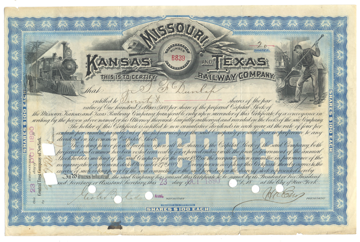 Missouri, Kansas and Texas Railway Company Stock Certificate