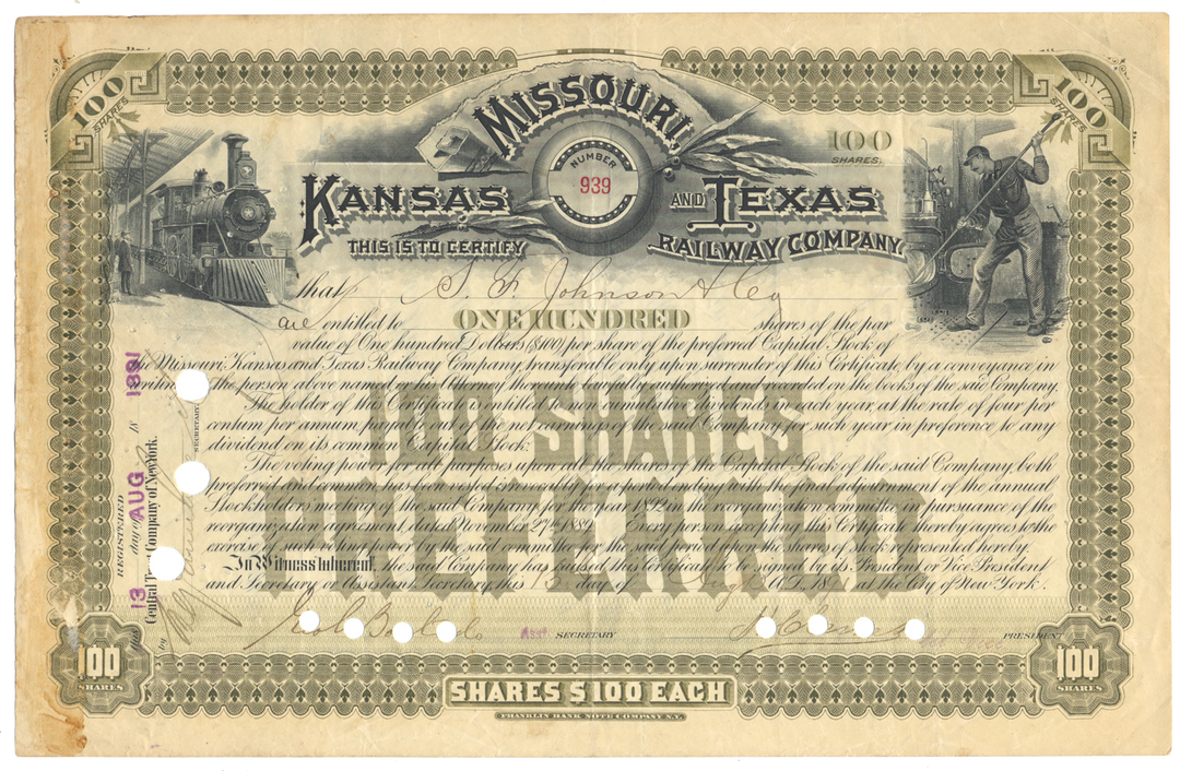 Missouri, Kansas and Texas Railway Company Stock Certificate