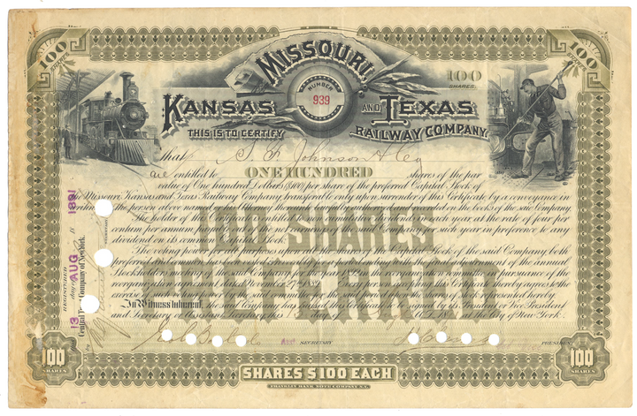 Missouri, Kansas and Texas Railway Company Stock Certificate